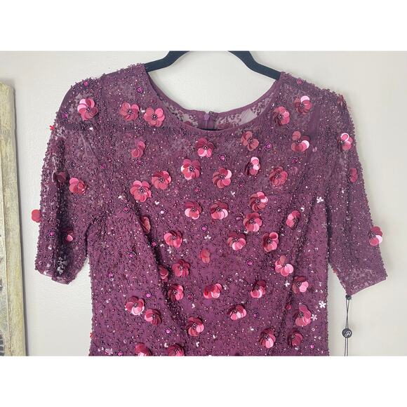 NWT BHLDN ADRIANNA PAPELL DRESS PETALUMA FLORAL 3D COCKTAIL SEQUIN BEADED CASSIS - Picture 6 of 16